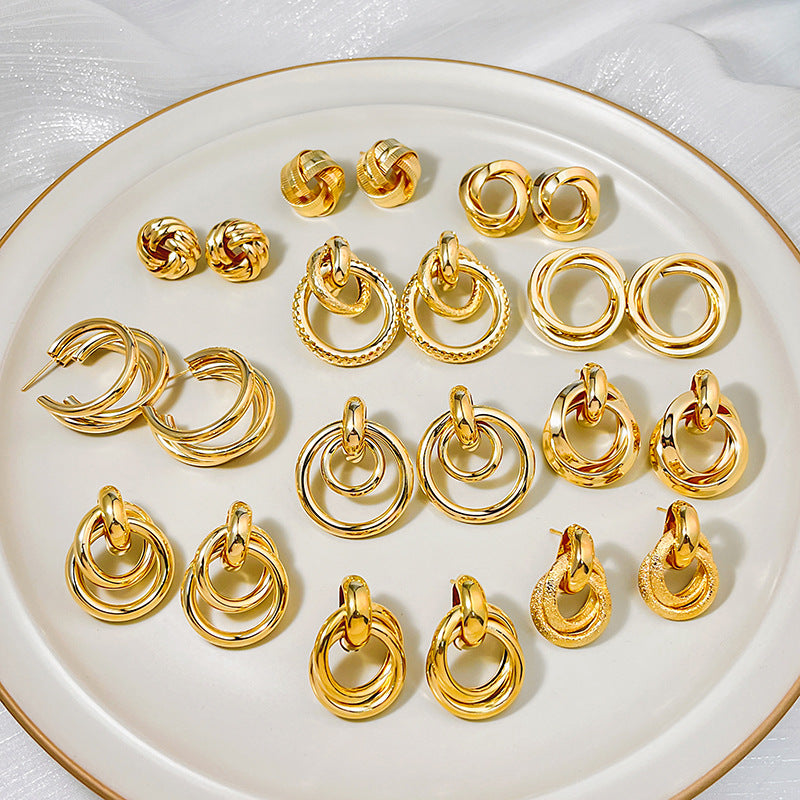 Fashion Geometric Ear Sier Needle Retro Hoop Metallic Stud Earrings