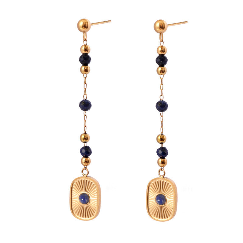Lapis Lazuli Beaded Long Inlaid Tassel Earrings