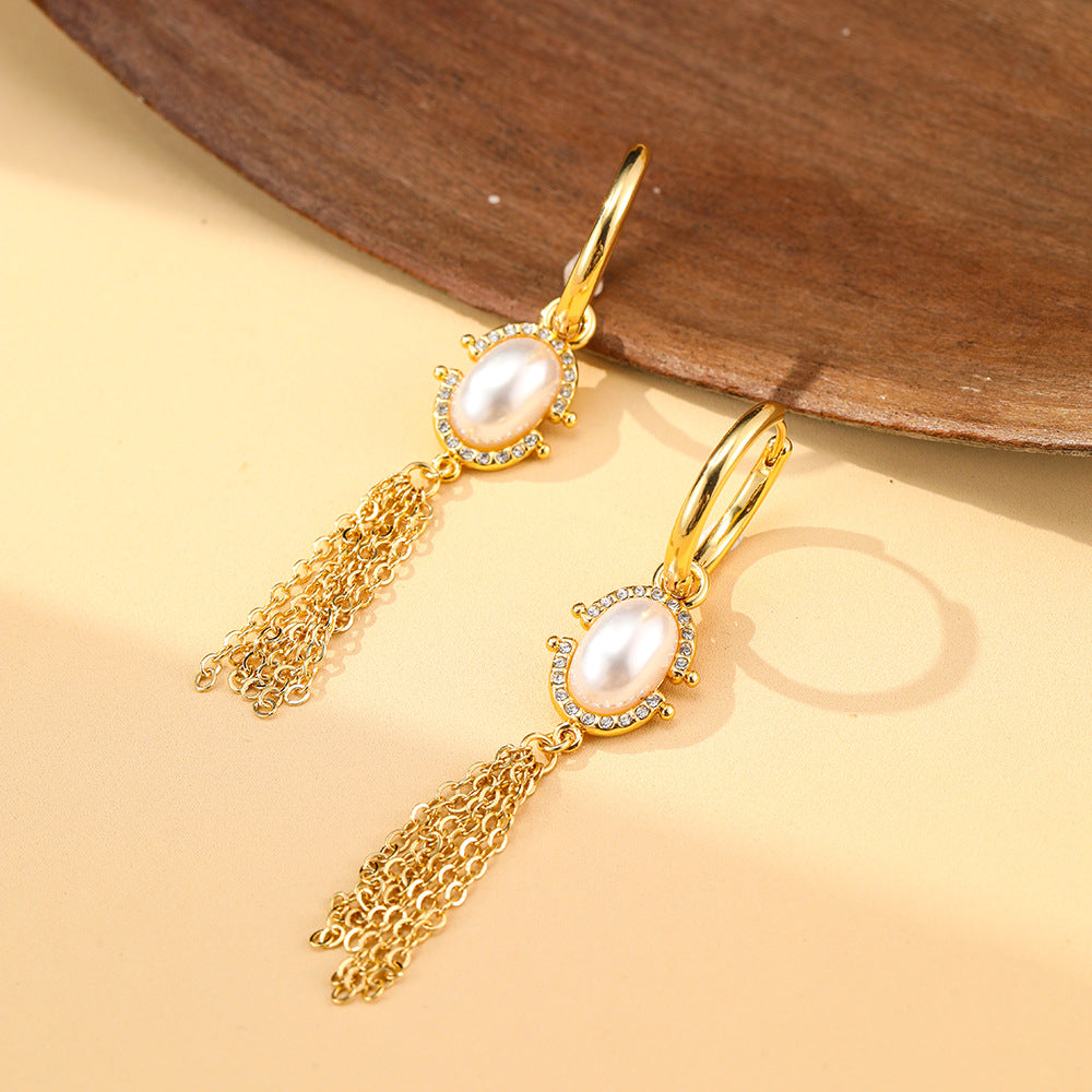 Inlaid Pearl Tassel Ear Clip High Sense Special Interest Light Earrings