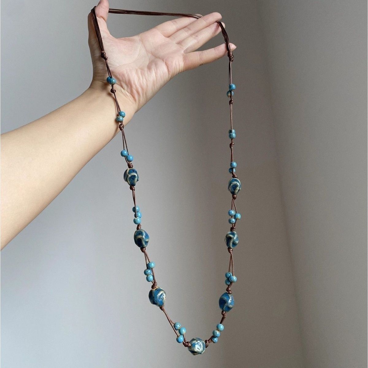 Blue Ceramic Beaded Irregular Bohemian Niche Unique Temperament Wild Sweater Necklace