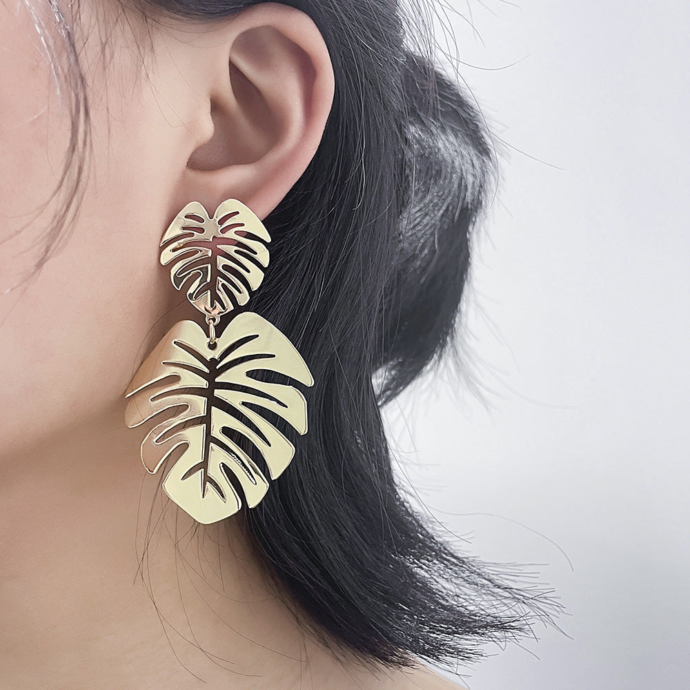 Grandes boucles d'oreilles tendance en métal, double feuille d'arbre