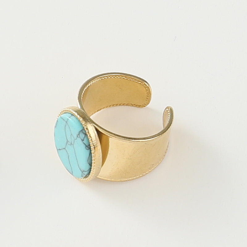 Stainless Steel Ladies Natural Stone Turquoise Shank Retro Ring