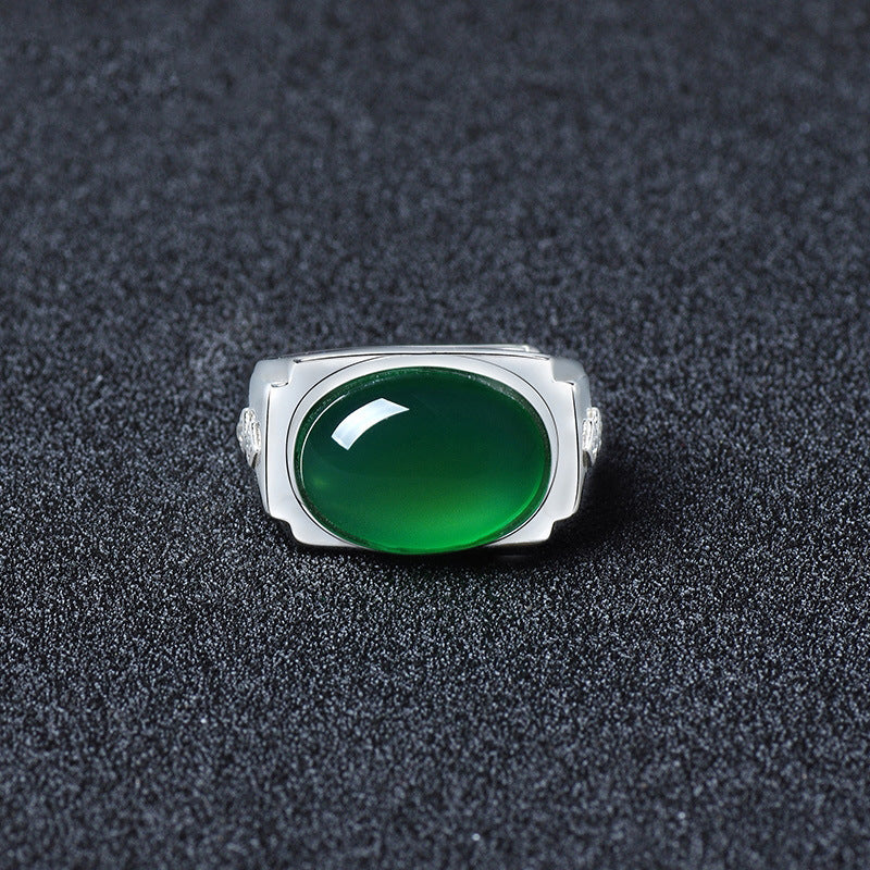 Men's Green Chalcedony High-grade Sense Open Agate Emerald Sier-plated Ring