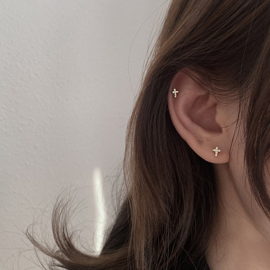 Women's Diamond Cross Sterling Sier Simple Small Stud Earrings