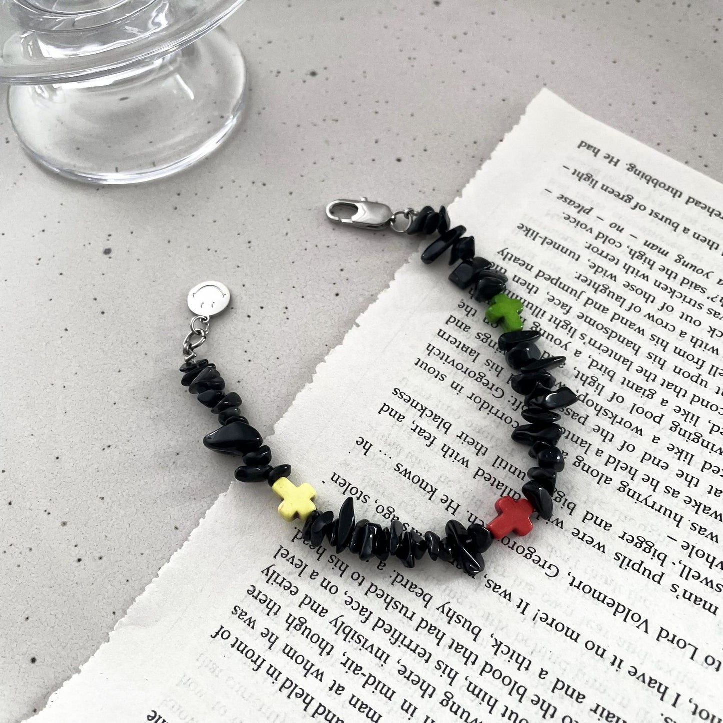 Bracelets avec croix colorée en agate noire, design hip hop pour femmes et hommes