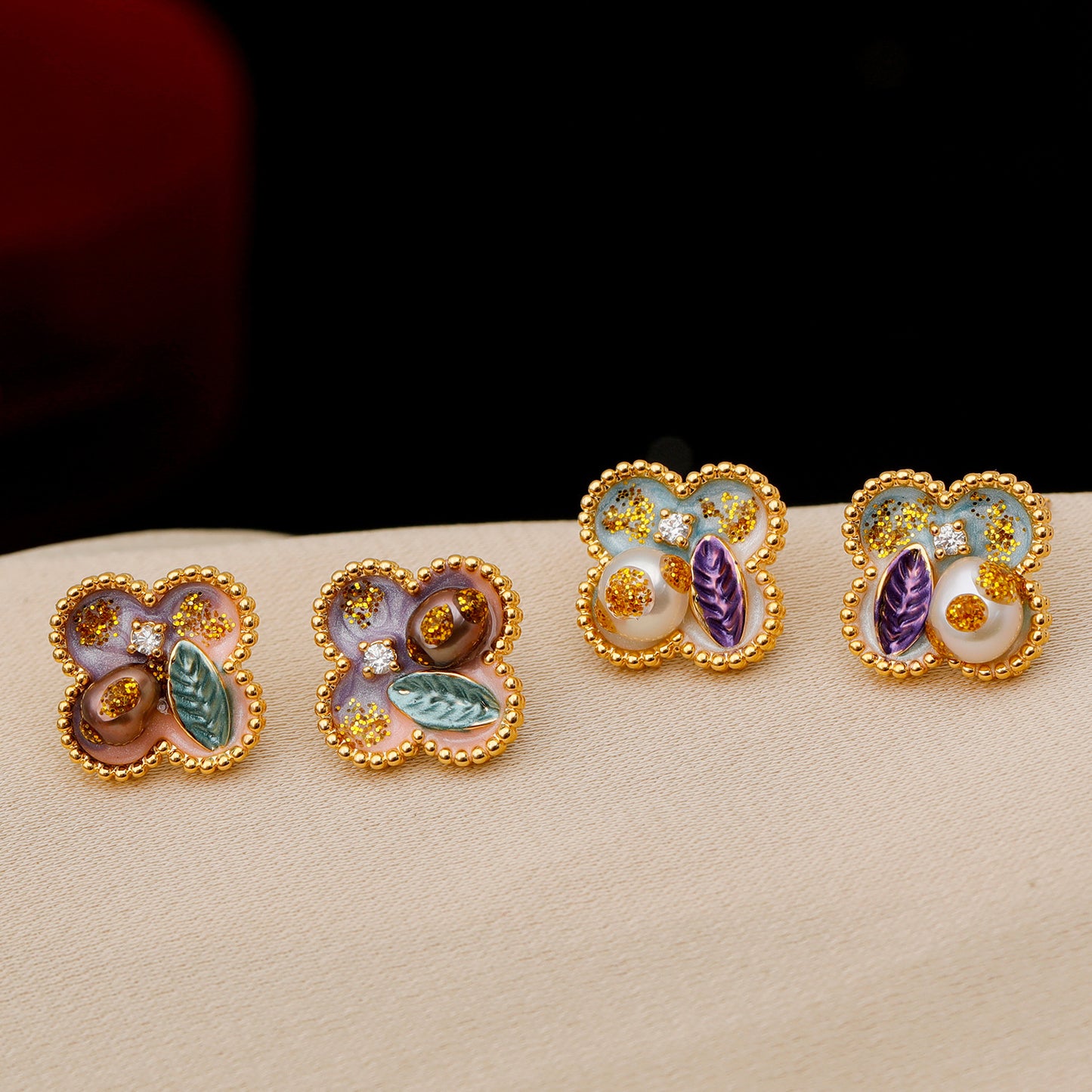 Women's Trendy Style Enamel Four Leaf Clover Ear Freshwater Rings