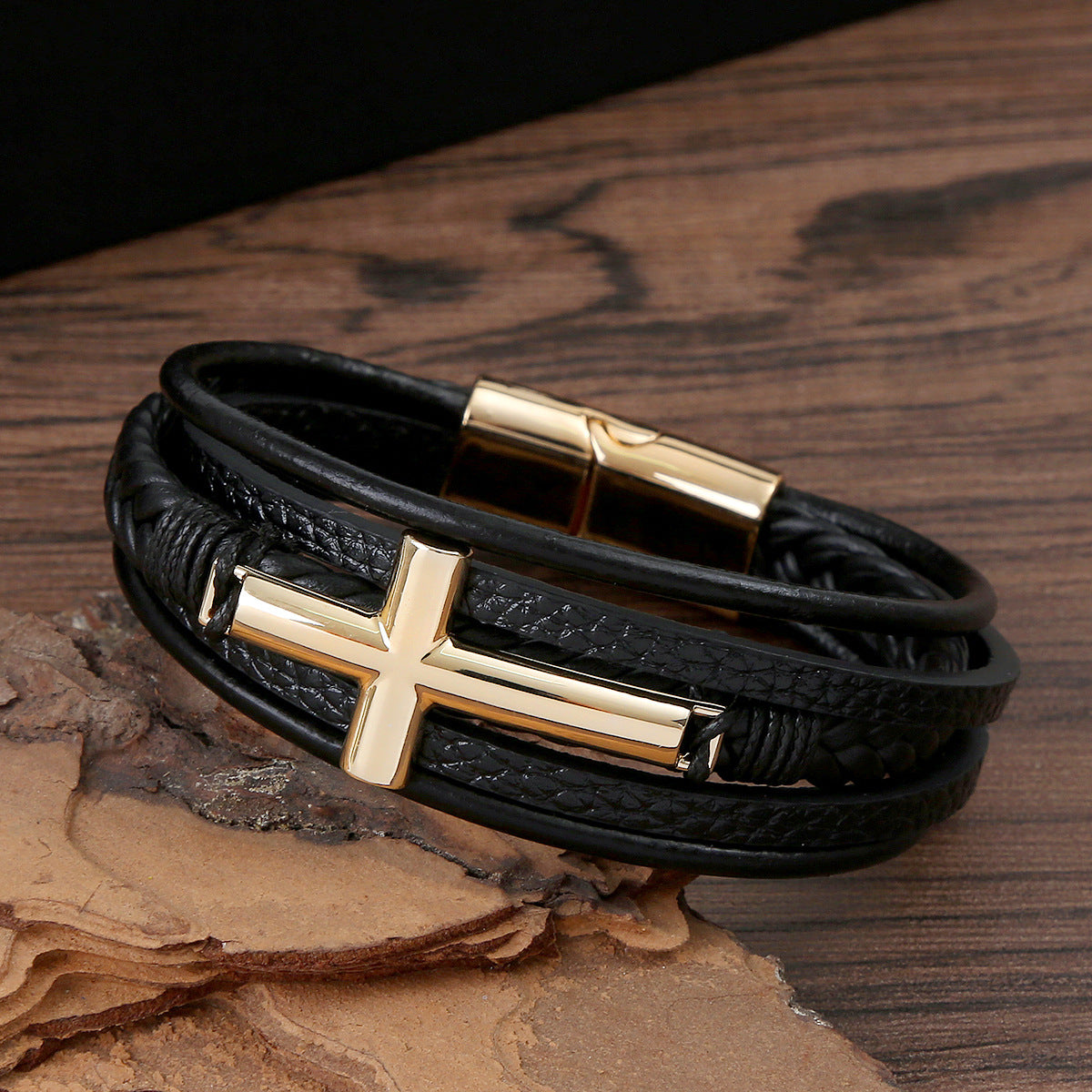 Men's Leather Hand-woven Alloy Magnetic Buckle Bangle Bracelets