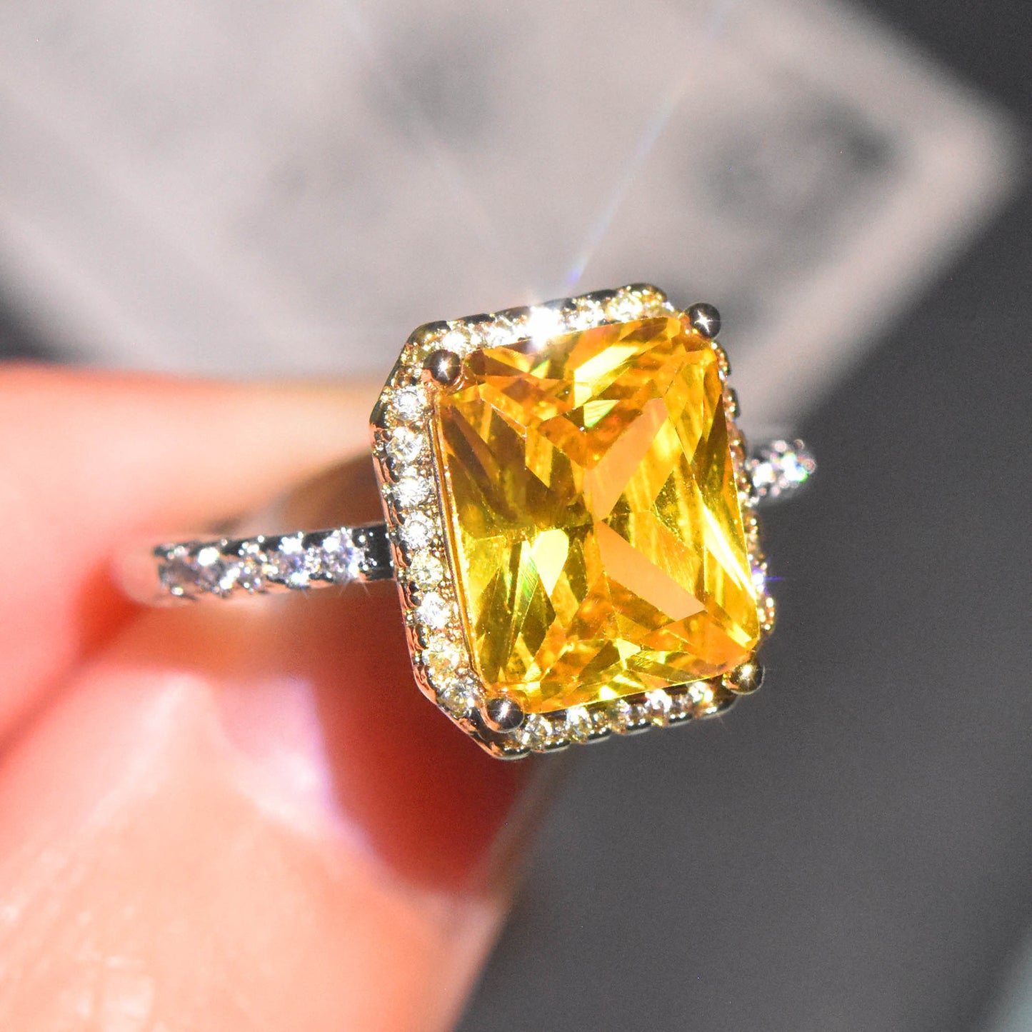 Bagues carrées princesse classiques bicolores en diamant jaune pour femmes