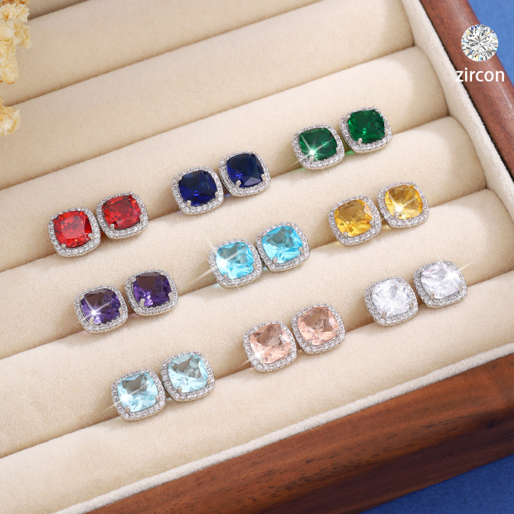 Simple Design Colorful Crystals Super Flash Square Female Fresh Stud Earrings