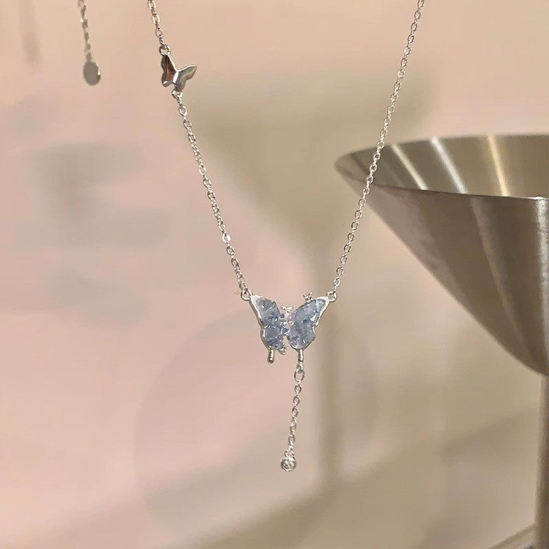 Rhinestone Butterfly Female Sense Light Luxury Temperament Niche Double Layer Necklace