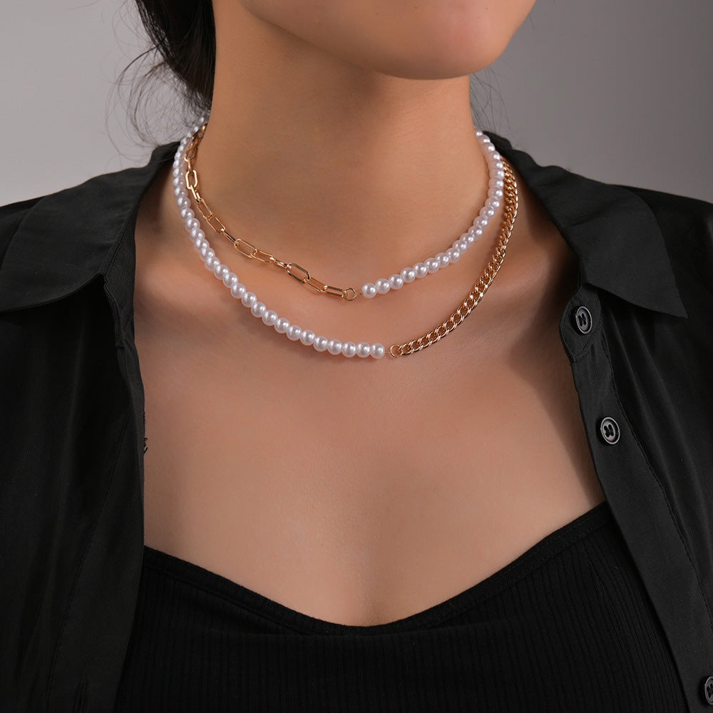 Personality Pearl Stitching Chain Double Layer Necklaces