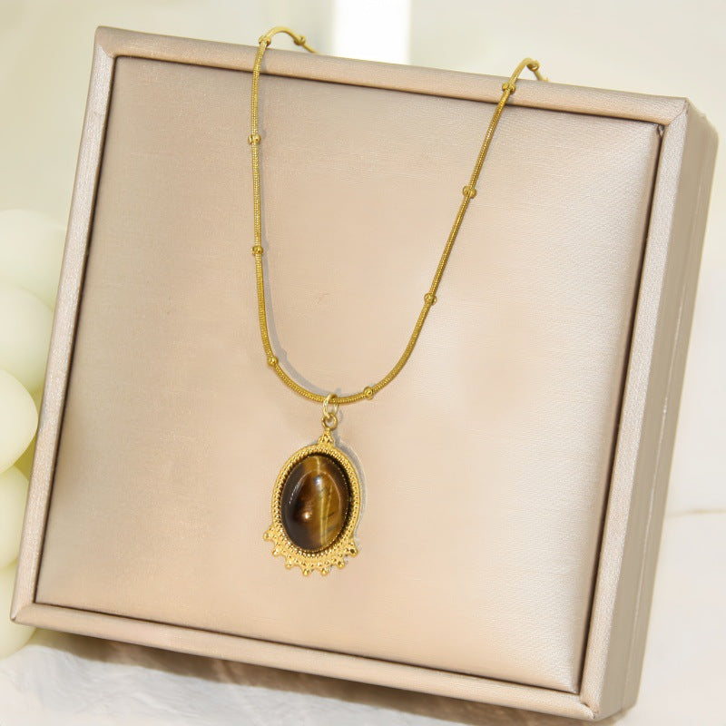 Women's Tigereye Round Titanium Steel Style Clavicle Chain Personalized Minority Design Pendants