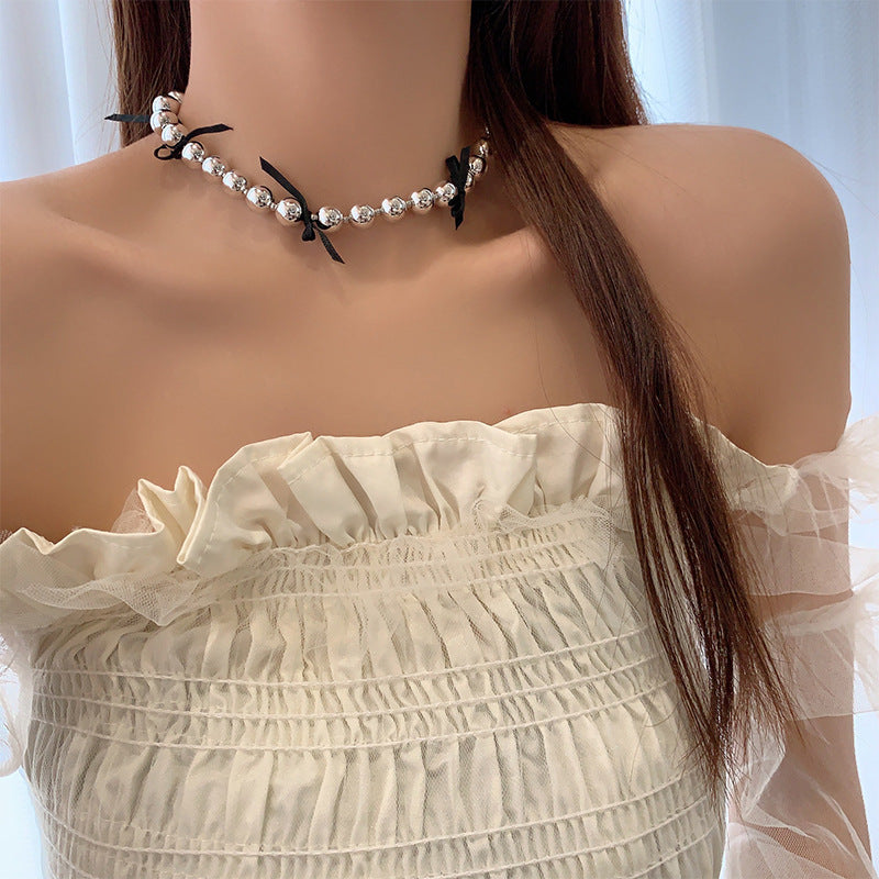 Black Ribbon Bow Pearl Sweet Cool Necklaces