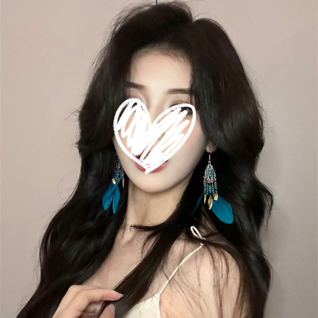 Women's Retro Temperament Blue Long Dress Feather Earrings