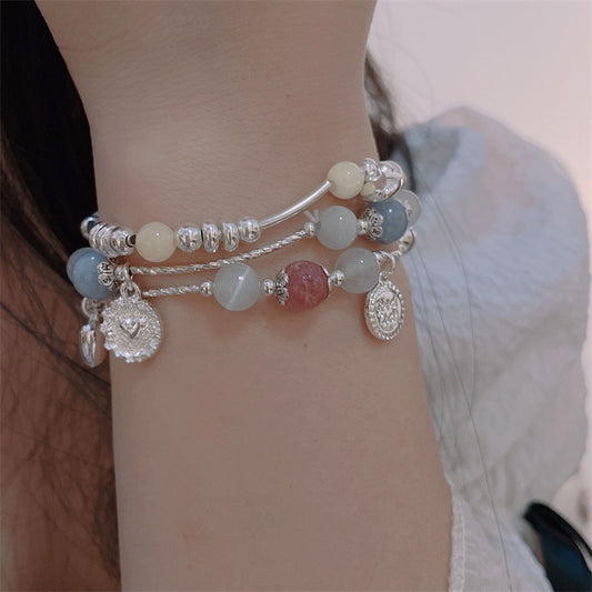 Women's Natural Strawberry Quartz Fresh Sweet Loving Heart Pink Crystal Bracelets