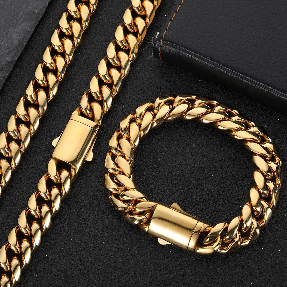 Men's Fastener Stainless Steel Cuban Link Chain Fashion Hip Jewelry Set