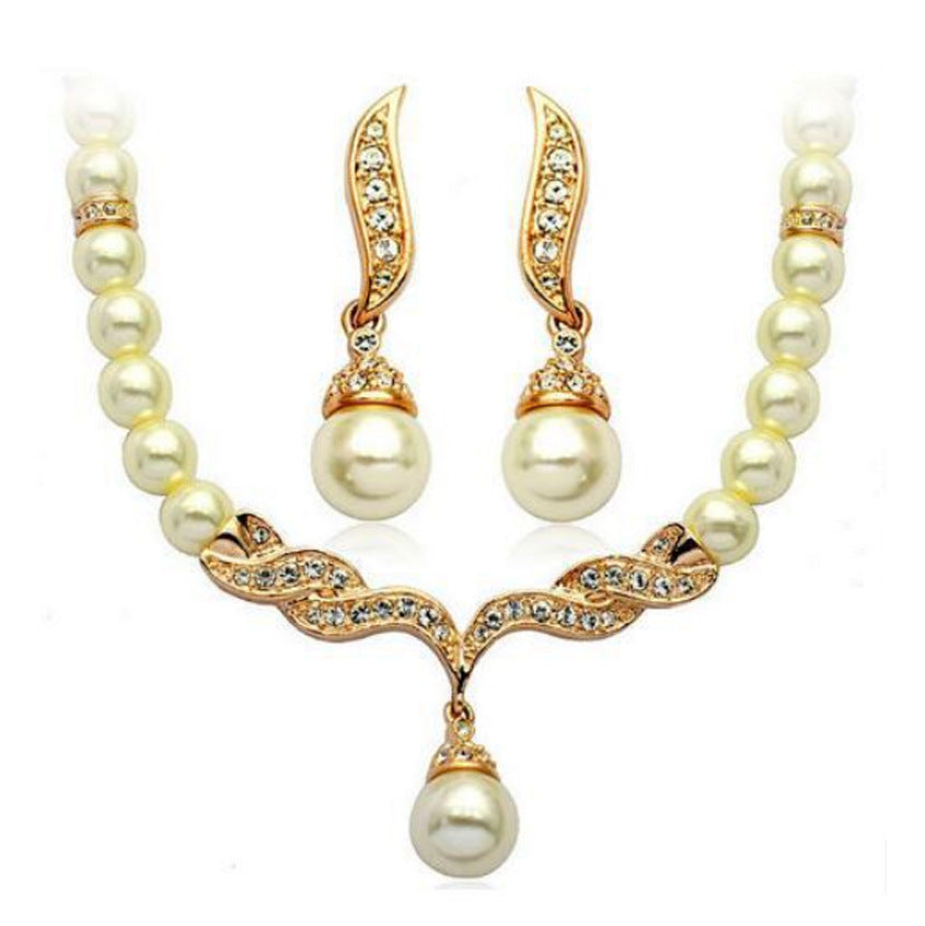 Women's Bridal Wedding Two-piece Dress Rhinestone Pearl Jewelry Set