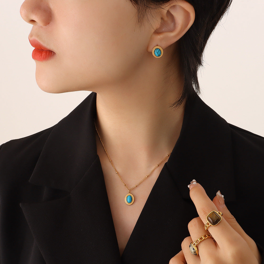 Women's French Bohemian Personality Fashion Retro Turquoise Opal Inlaid Jewelry Set