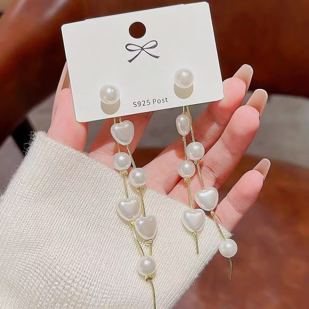 Pearl Sier Trendy Heart Tassel Eardrop Niche Design Temperament Stud Earrings