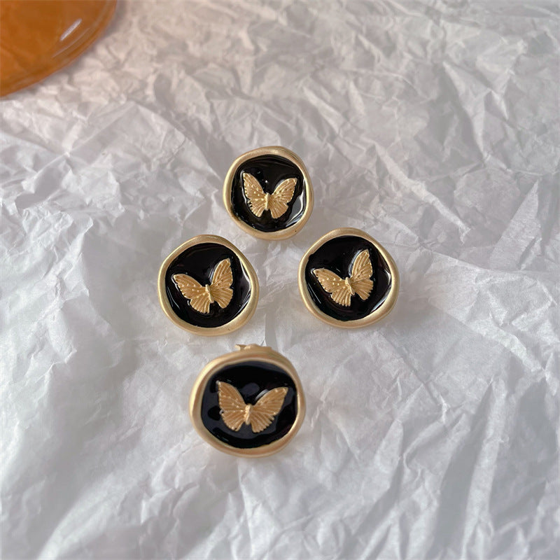 French Retro Butterfly Matte Black Drip Ear Clip Classic Style Rings