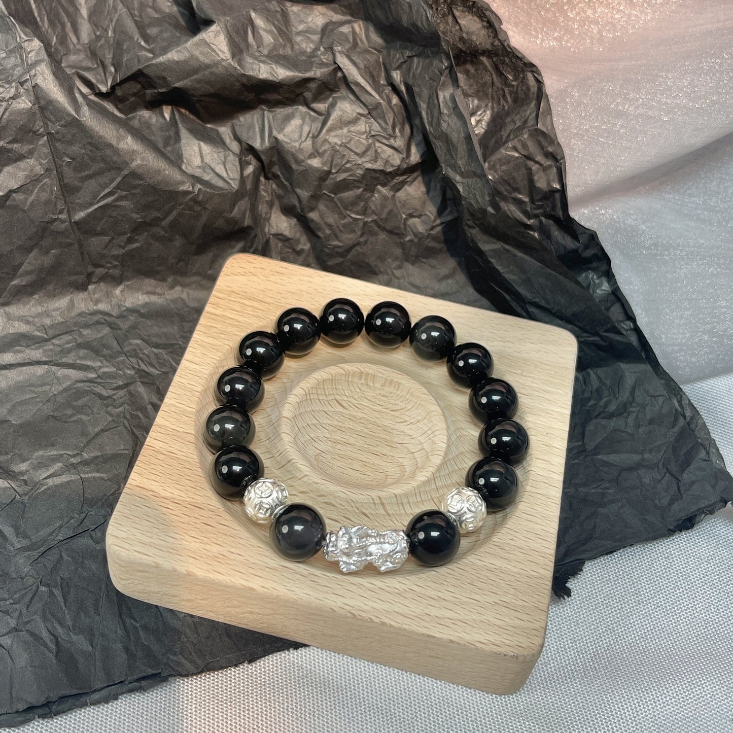 Bracelets de Saint-Valentin en cristal d'argent et ciel d'obsidienne pour couple