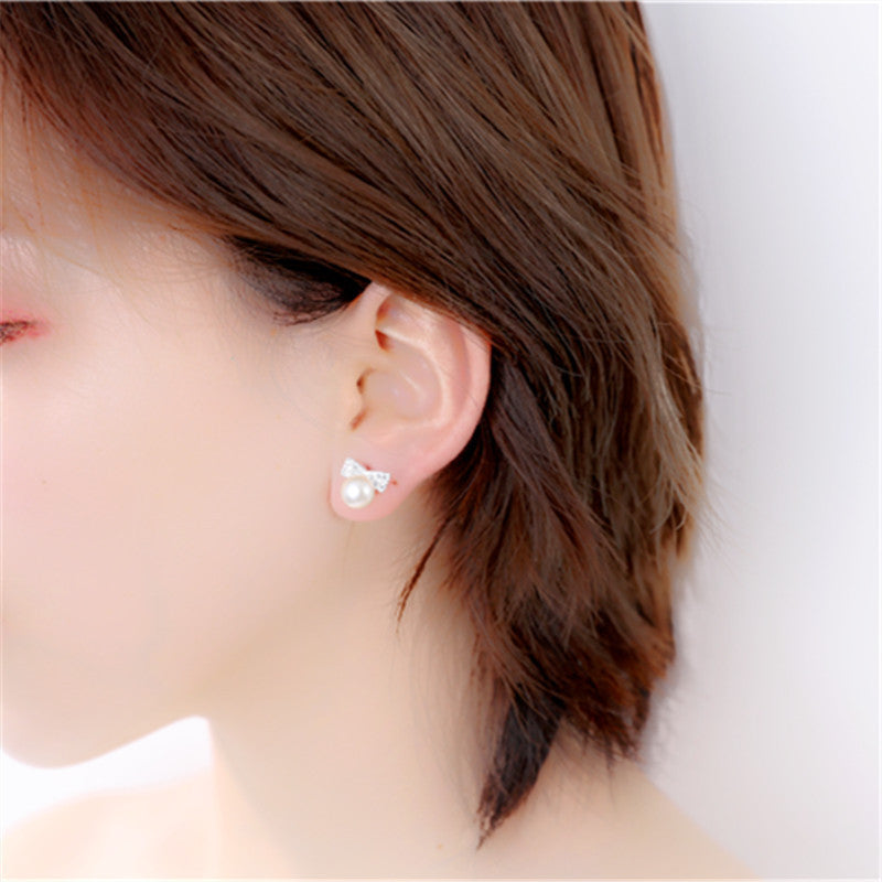 Sweet Pearl Exquisite Inlaid Zircon Bow Earrings