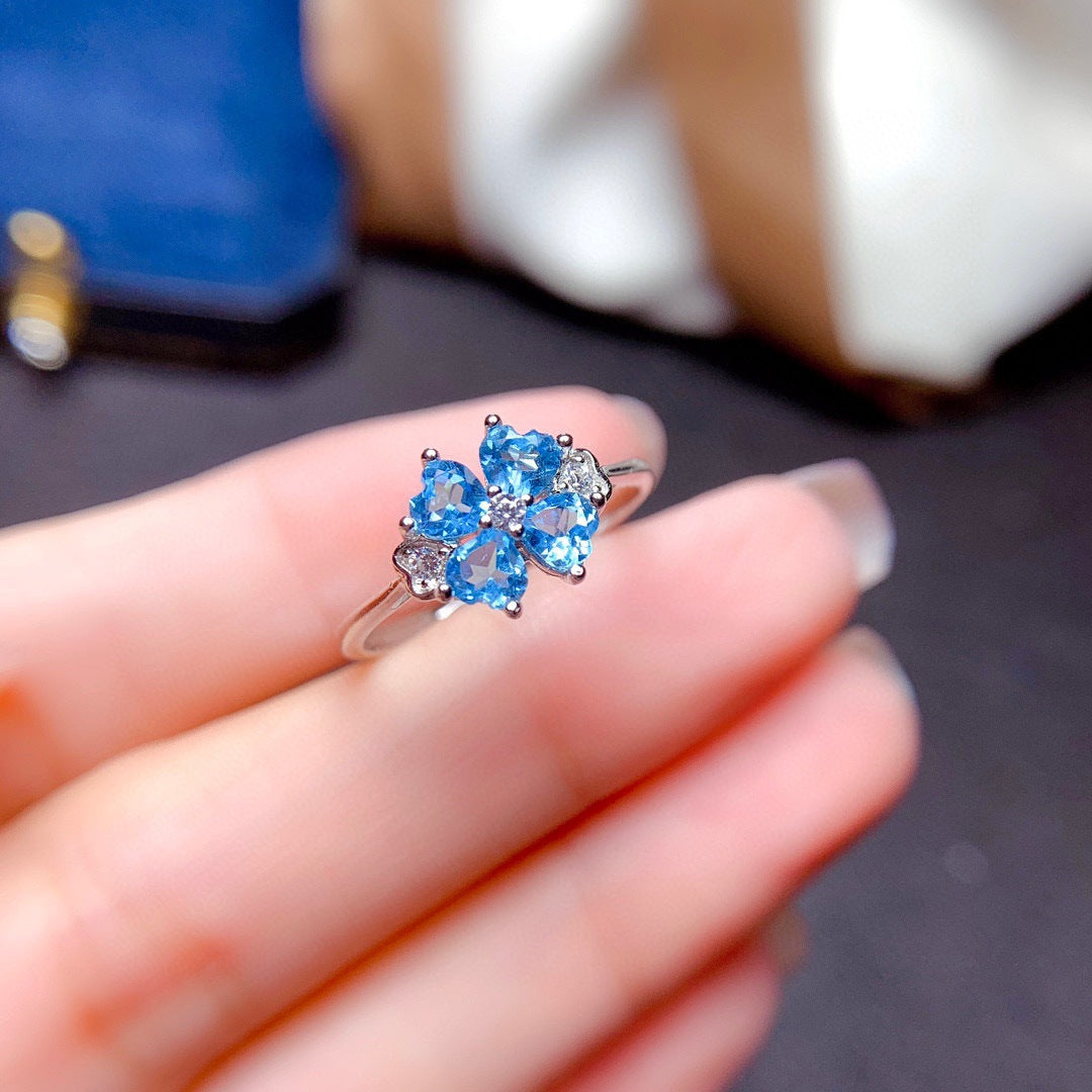 Women's Luxury Clover Swiss Blue Topaz Colored Gems Rings