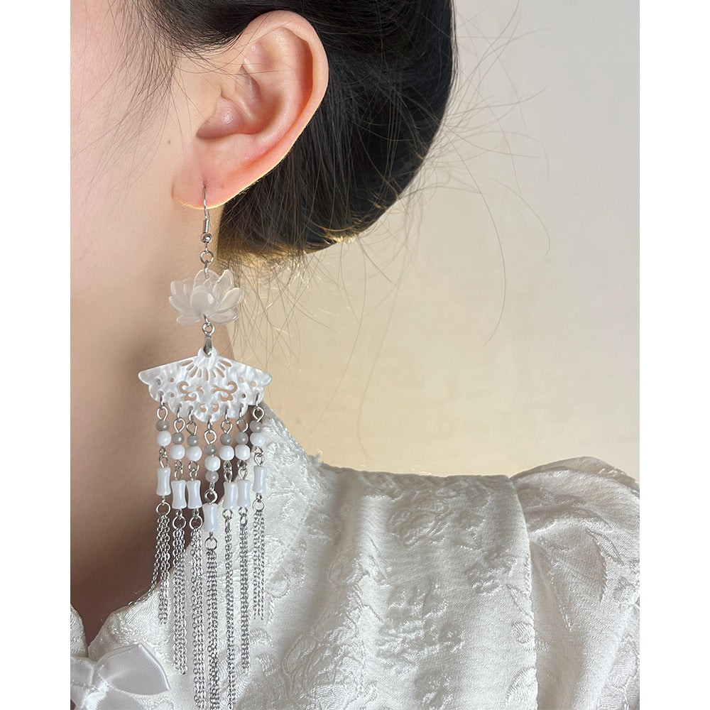 Women's Style Natural Lotus Jade Hollow Out Fan Beaded Tassel Ancient Earrings