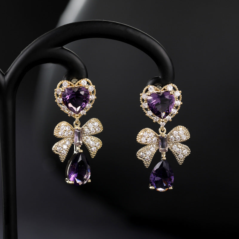 Boucles d'oreilles violettes élégantes et nobles avec nœud en diamant pour femme