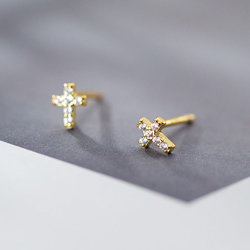 Women's Diamond Cross Sterling Sier Simple Small Stud Earrings