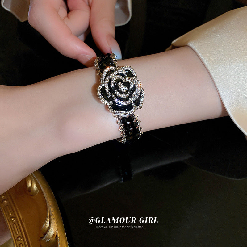 Black Camellia Flower Crystal Light Luxury Bracelets