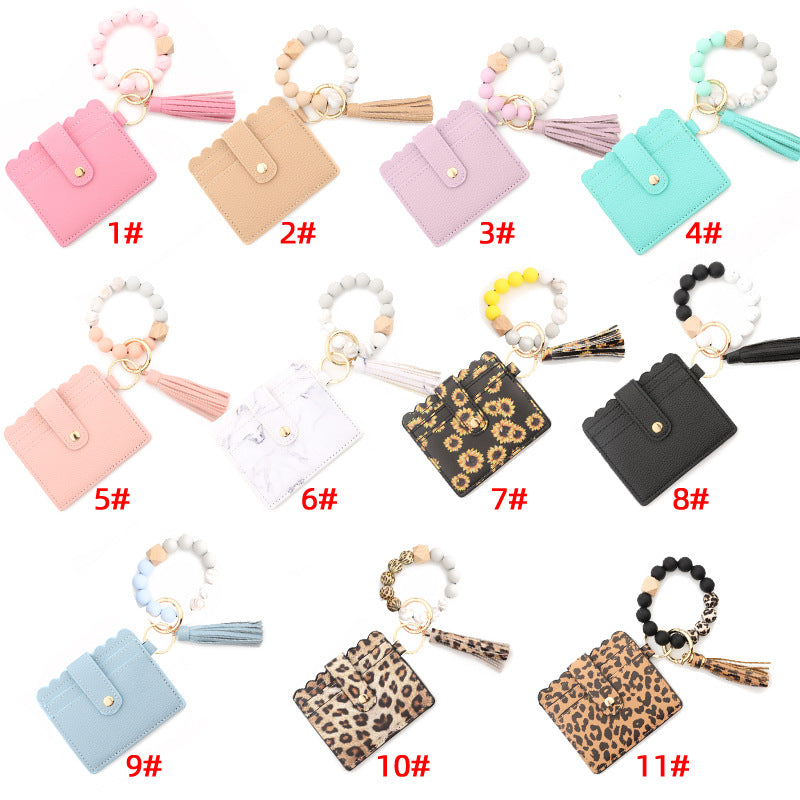 Women's Card Holder Leopard Print Tassel Wallet Leather Bracelet