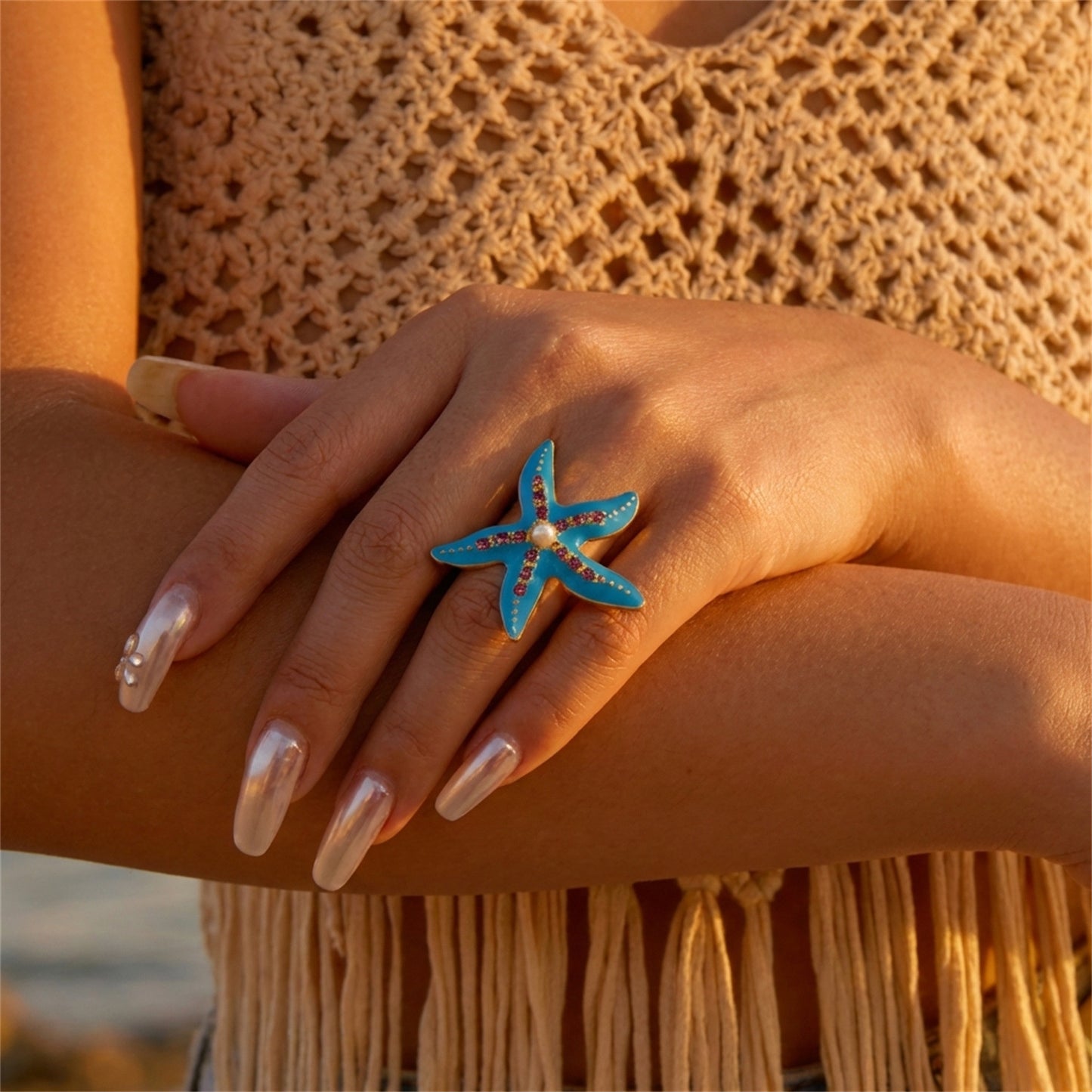 Diamond Starfish Bohemian Summer Vacation Ocean Style Rings