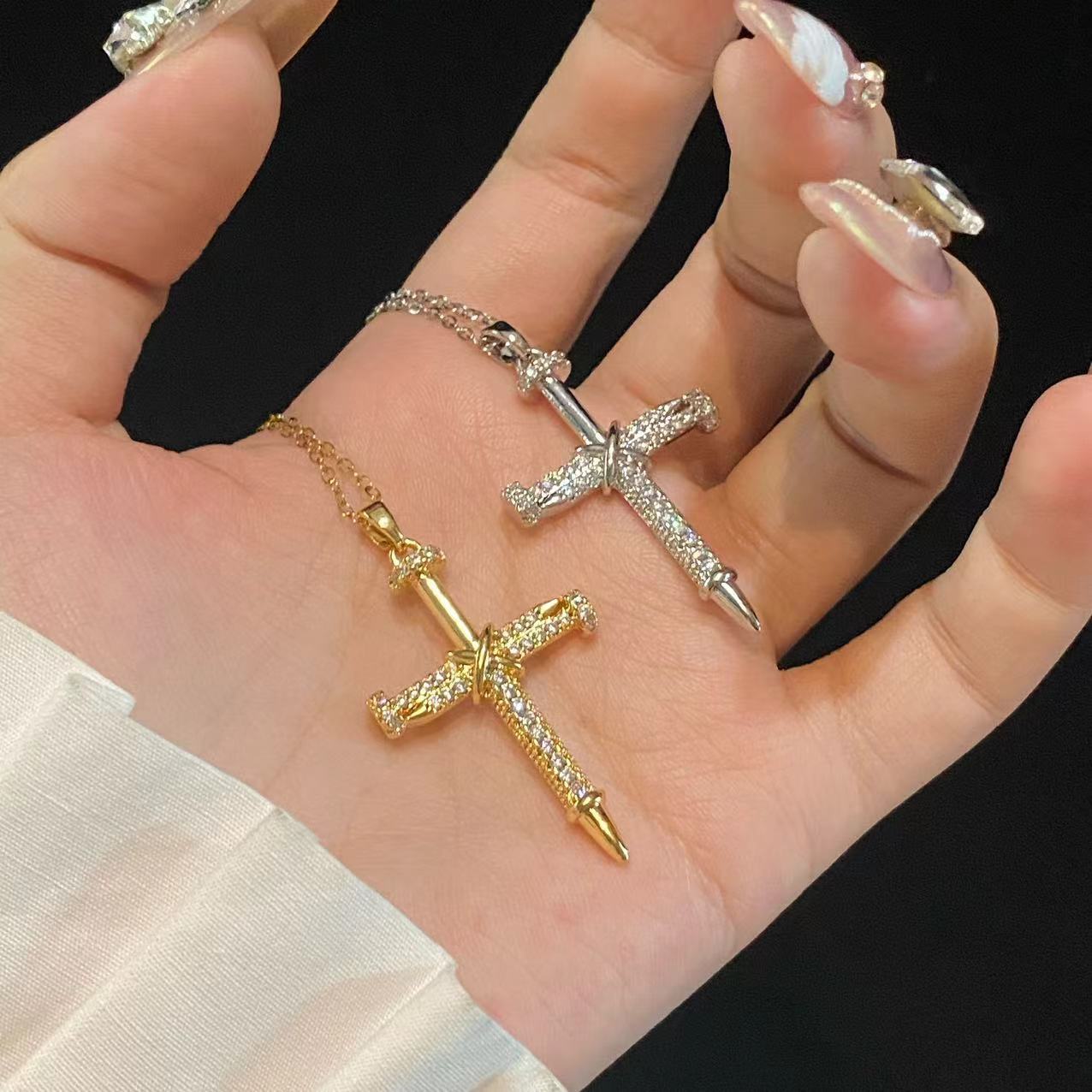 Nail Cross Diamond Inlaid Clavicle Chain Necklace