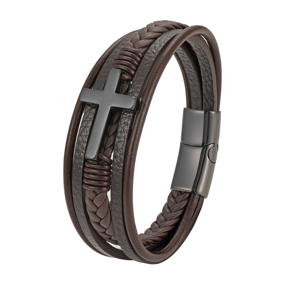 Men's Coffee Color Leather Cross Rope Woven Stainless Steel Genuine Bracelet