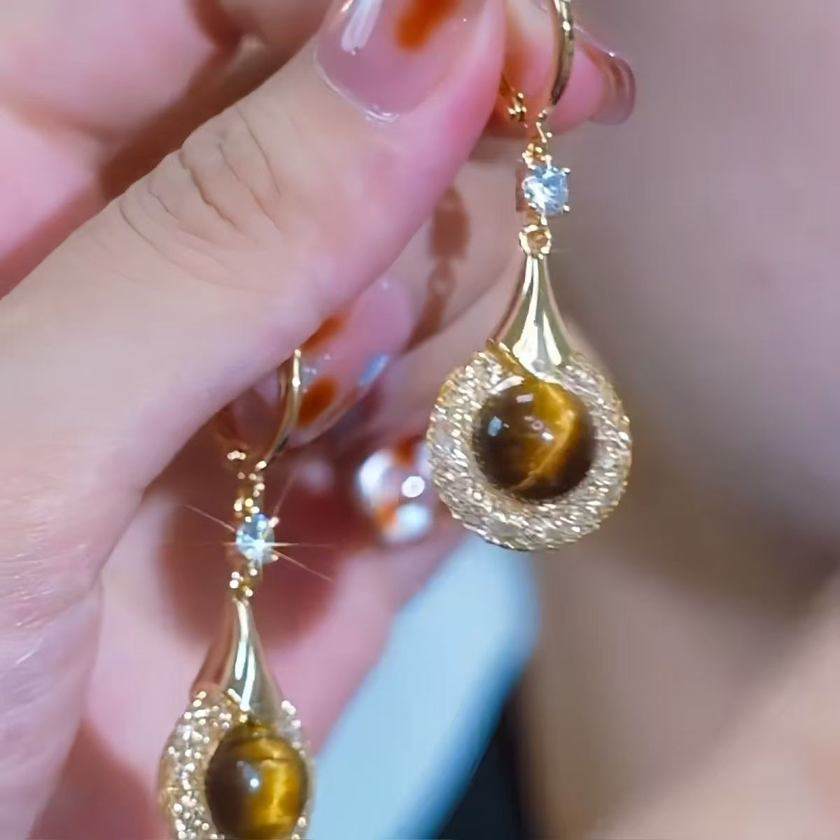 Winding Hollow Tigereye Chinese Style Female Light Luxury Minority Palace Earrings