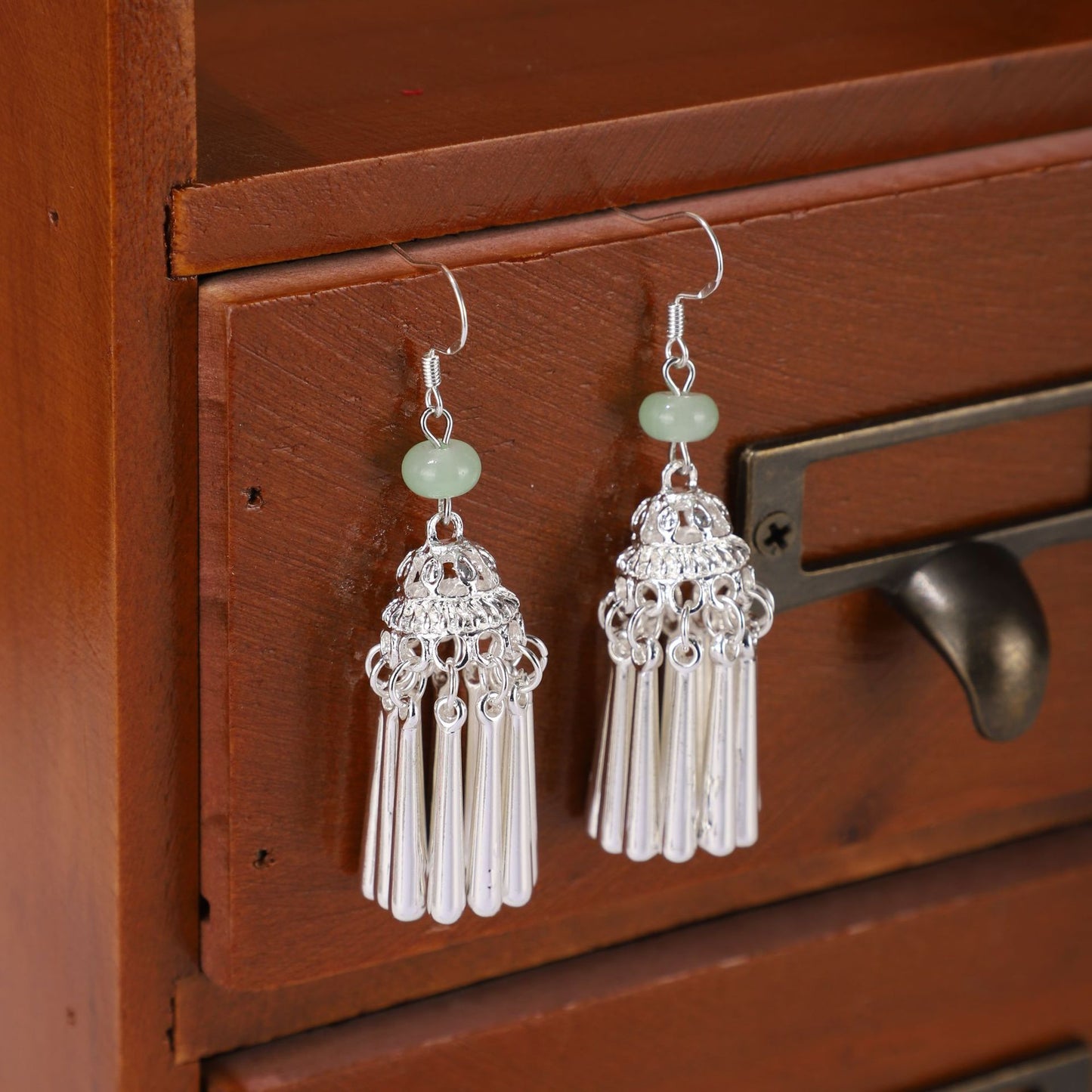 Sier Ethnic Minority Style Female Long Tassel Temperament High Earrings