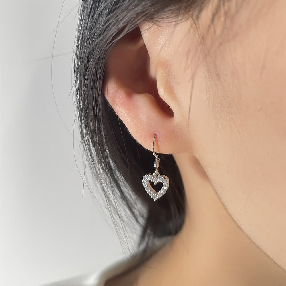 Heart Rhinestone Peach Ear Hook Hollow Earrings