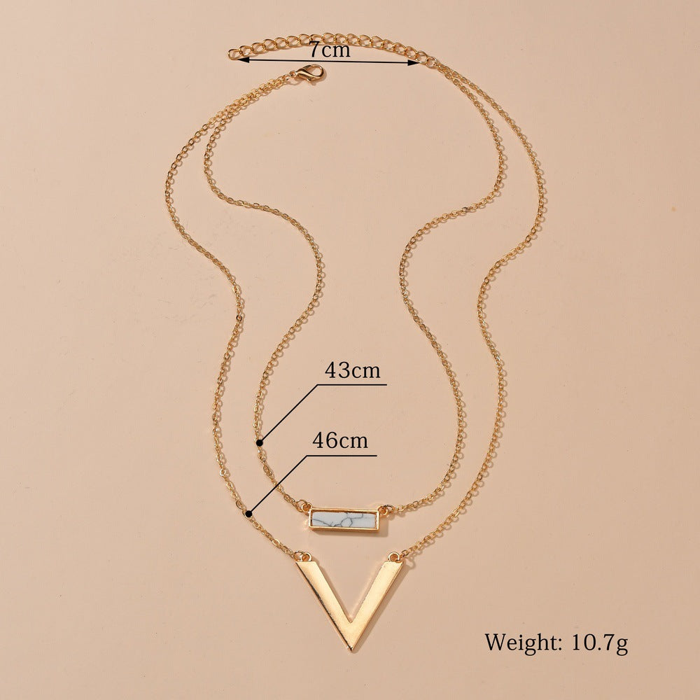 Turquoise Pendant V-shaped Alloy Double Multilayer Necklaces