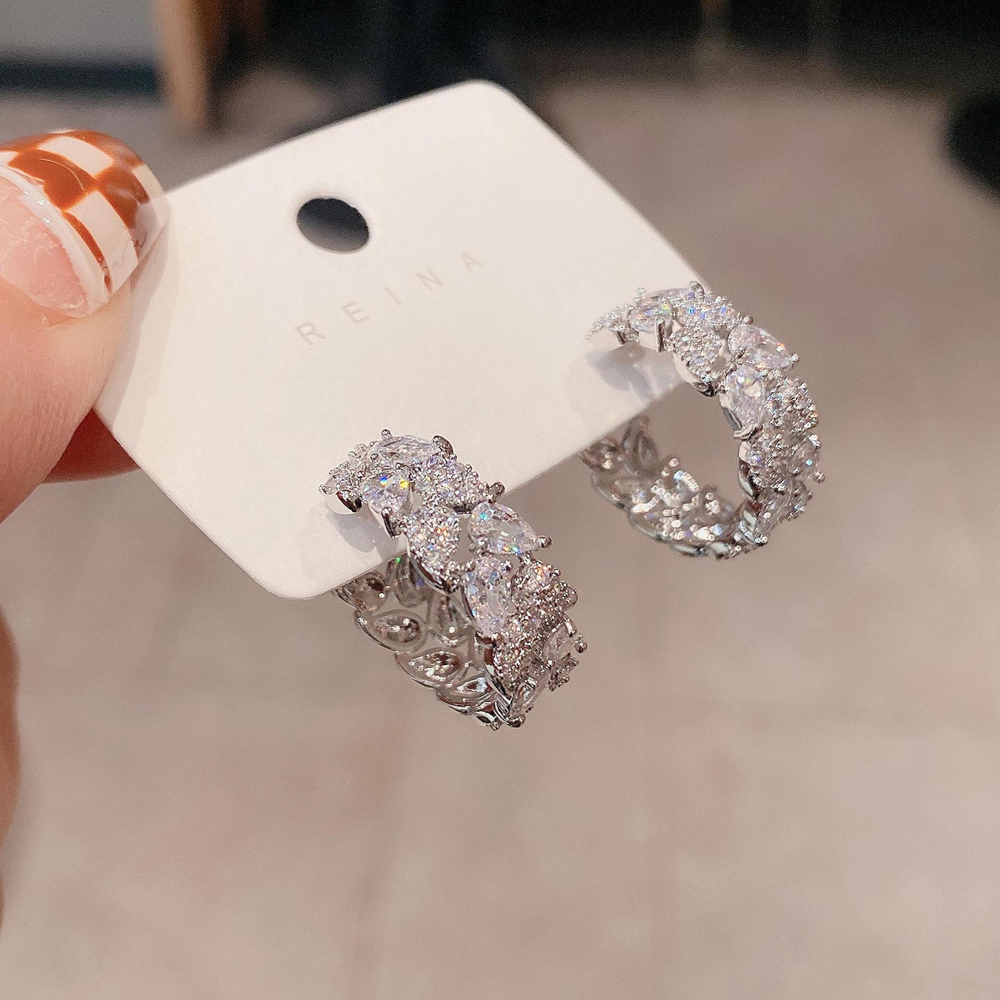 Flash Zircon White Gold Plated Shaped Niche Earrings