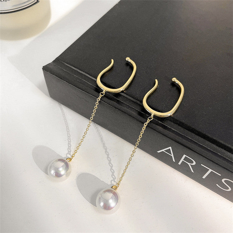 French Retro Painless Pearl Tassel Asymmetric Simple Ear Clip