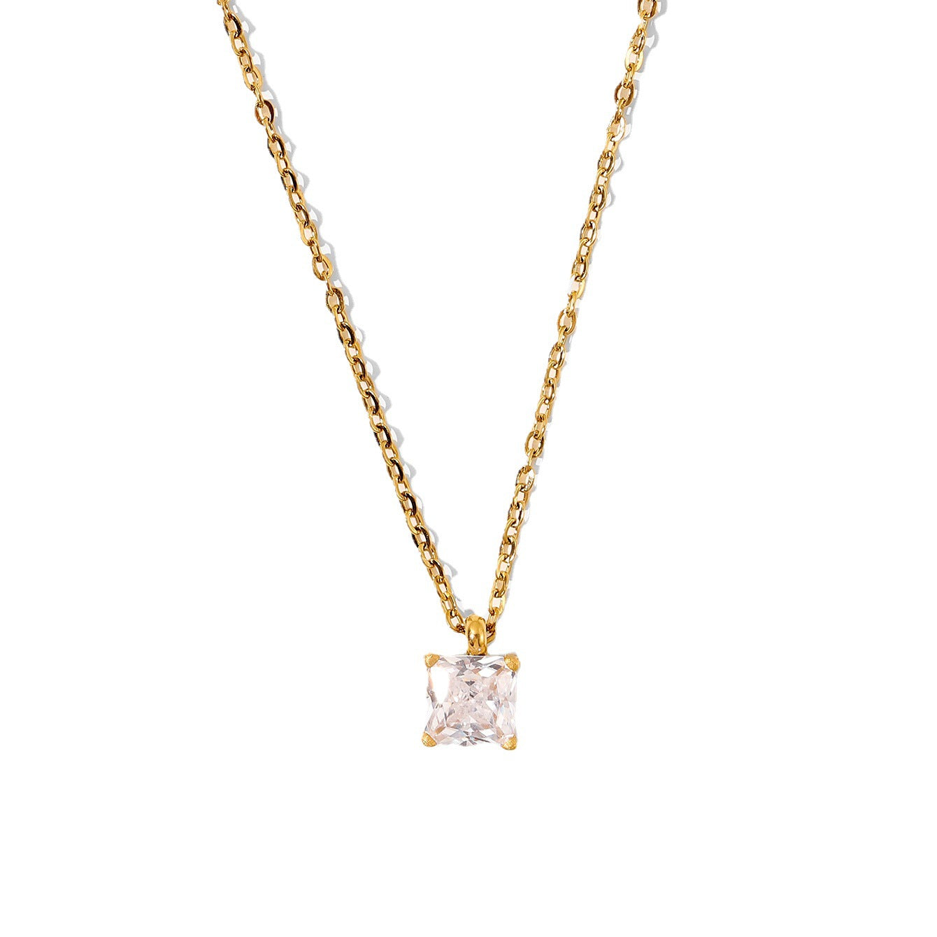 Women's Gold Stainless Steel Square Zircon Pendant Necklaces