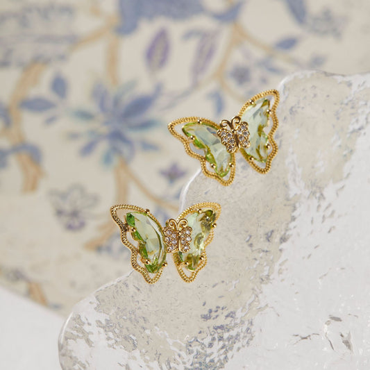 Tea Summer Fresh Grass Green Butterfly Zircon Female Earrings