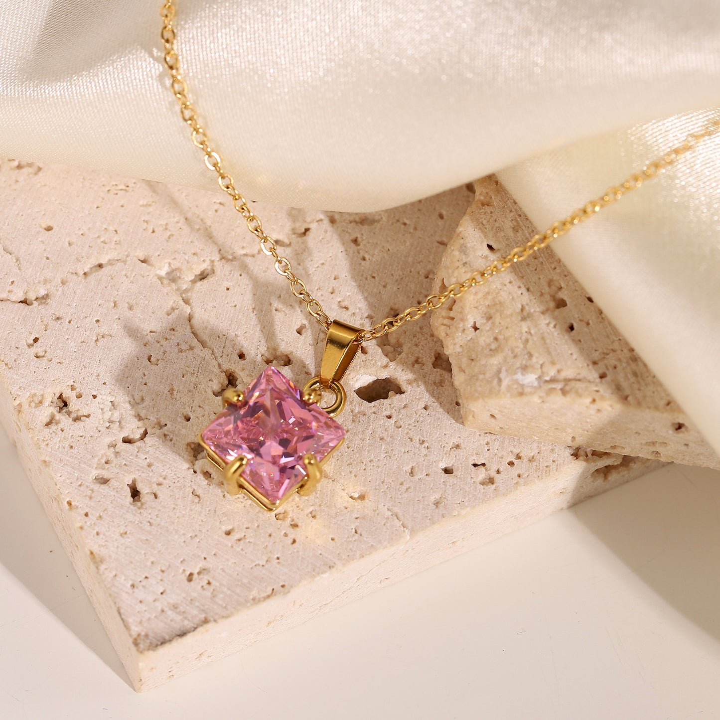 Women's Gold Stainless Steel Square Zircon Pendant Necklaces