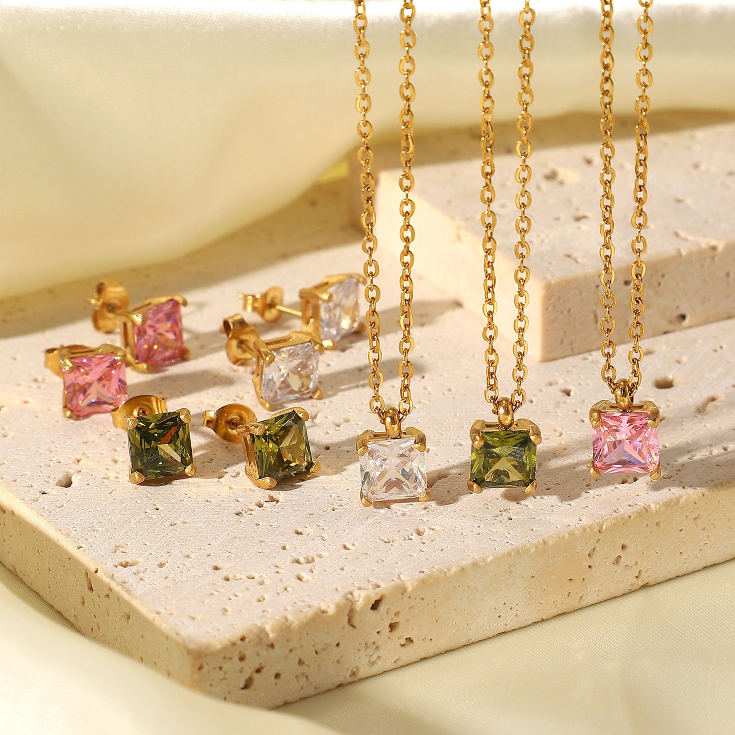 Women's Gold Stainless Steel Square Zircon Pendant Necklaces