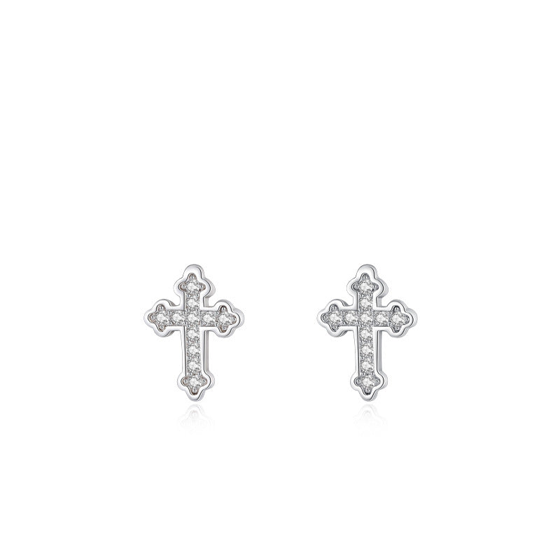Cross Female Korean Simple Temperamental Rhinestone Design Stud Earrings