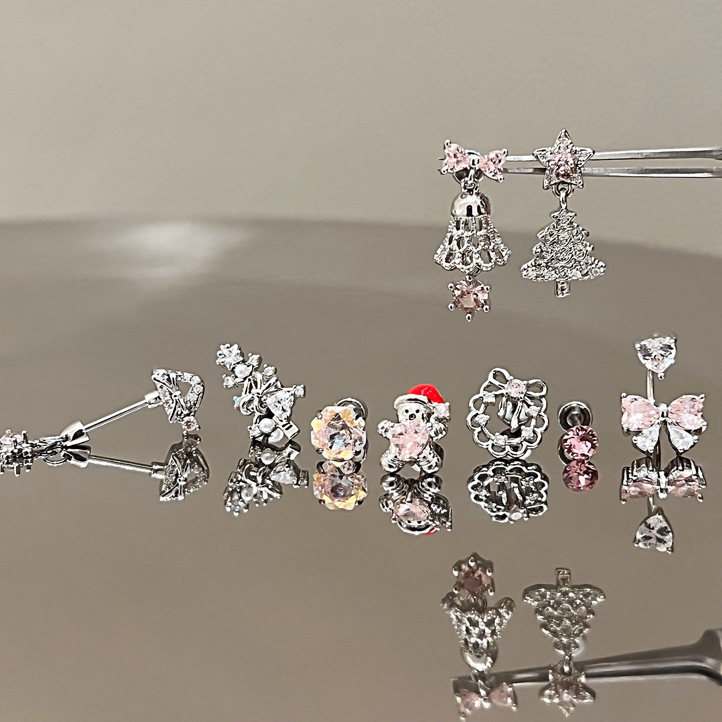 Pink Christmas Devil Ear Bone Snowflake Titanium Stud Earrings