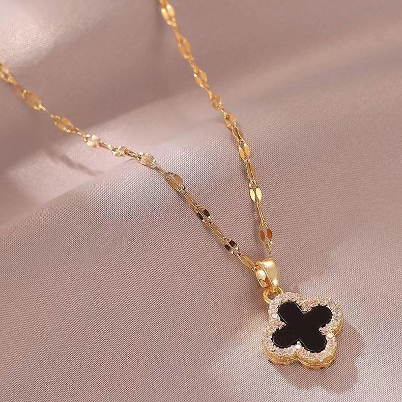 Women's Black White Double-sided Clover Fashionable Advanced Design Necklace