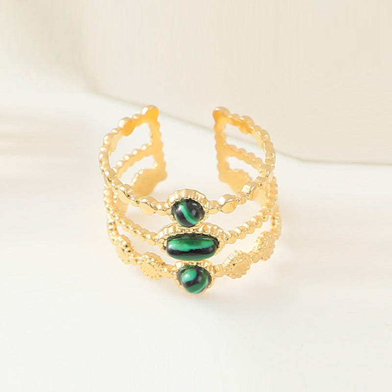 Stainless Steel Ladies Natural Stone Turquoise Shank Retro Ring