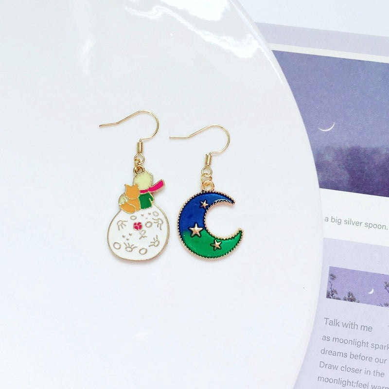 Women's Cartoon Metal Dripping Planet Moon Blue Starry Sky Earrings